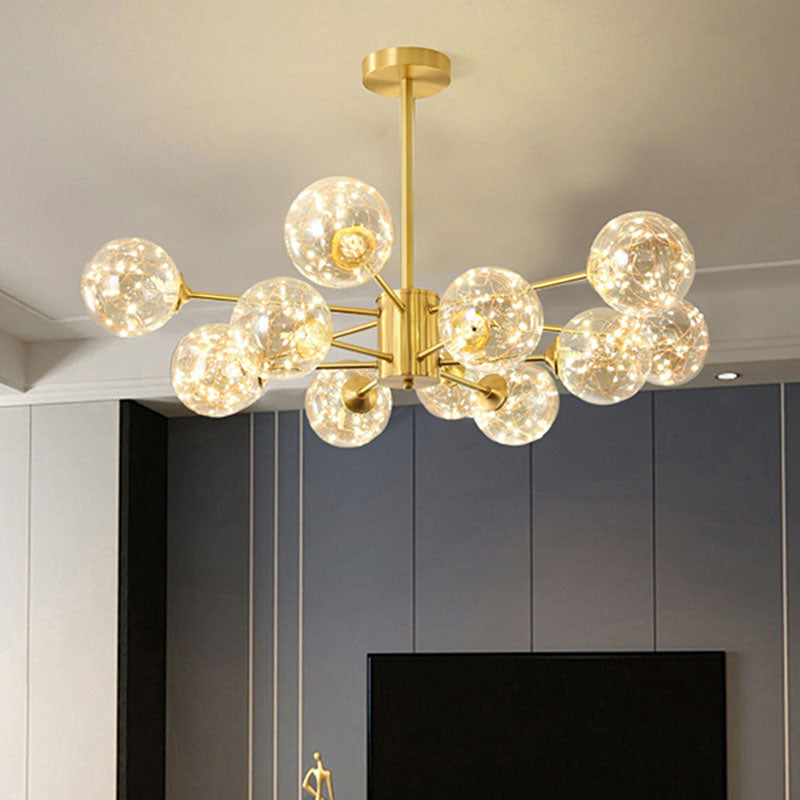 Modern Metal Led Chandelier With Clear Glass Orb Shade And Starry Drops