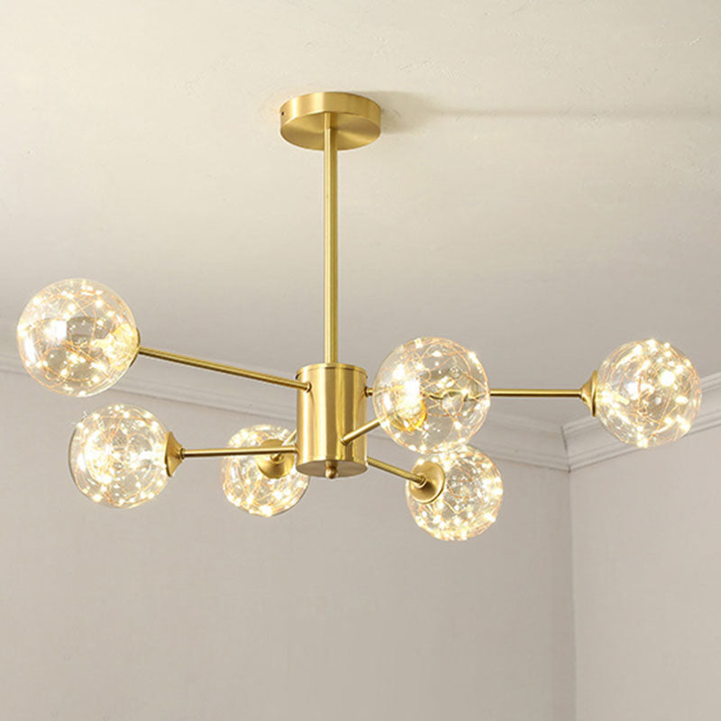 Modern Metal Led Chandelier With Clear Glass Orb Shade And Starry Drops 6 / Gold Natural