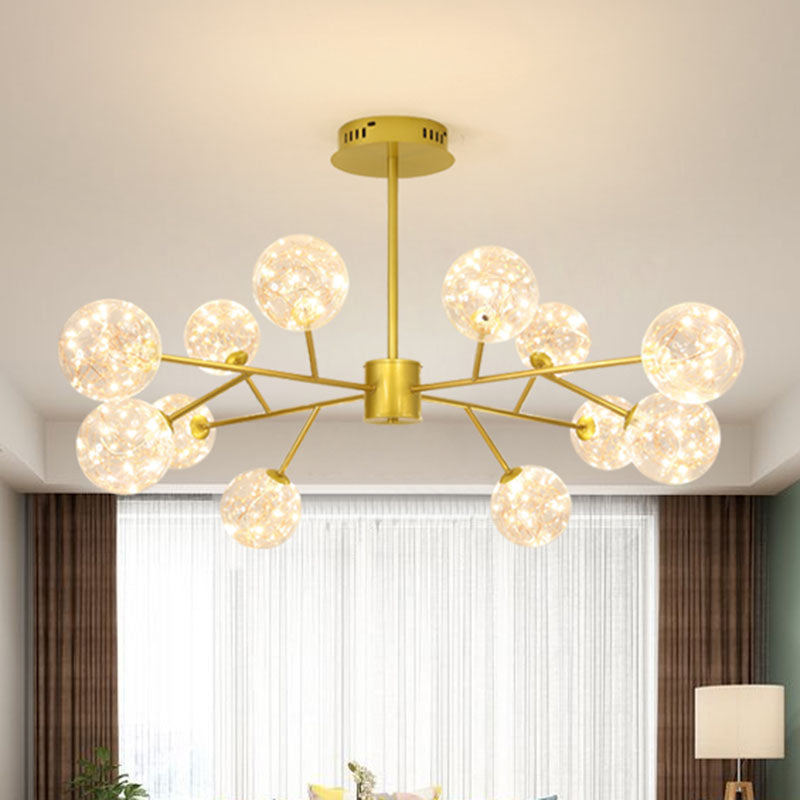 Gold Spherical Ceiling Chandelier - Modern Style With Clear Glass & Led Starry Pendant Light Kit 12