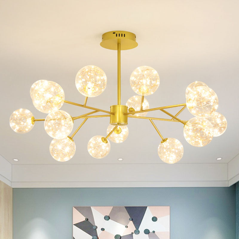 Gold Spherical Ceiling Chandelier - Modern Style With Clear Glass & Led Starry Pendant Light Kit 15