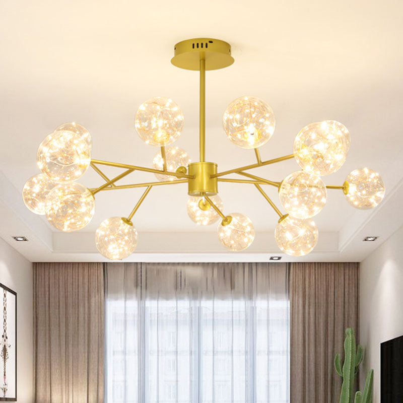 Gold Spherical Ceiling Chandelier - Modern Style With Clear Glass & Led Starry Pendant Light Kit