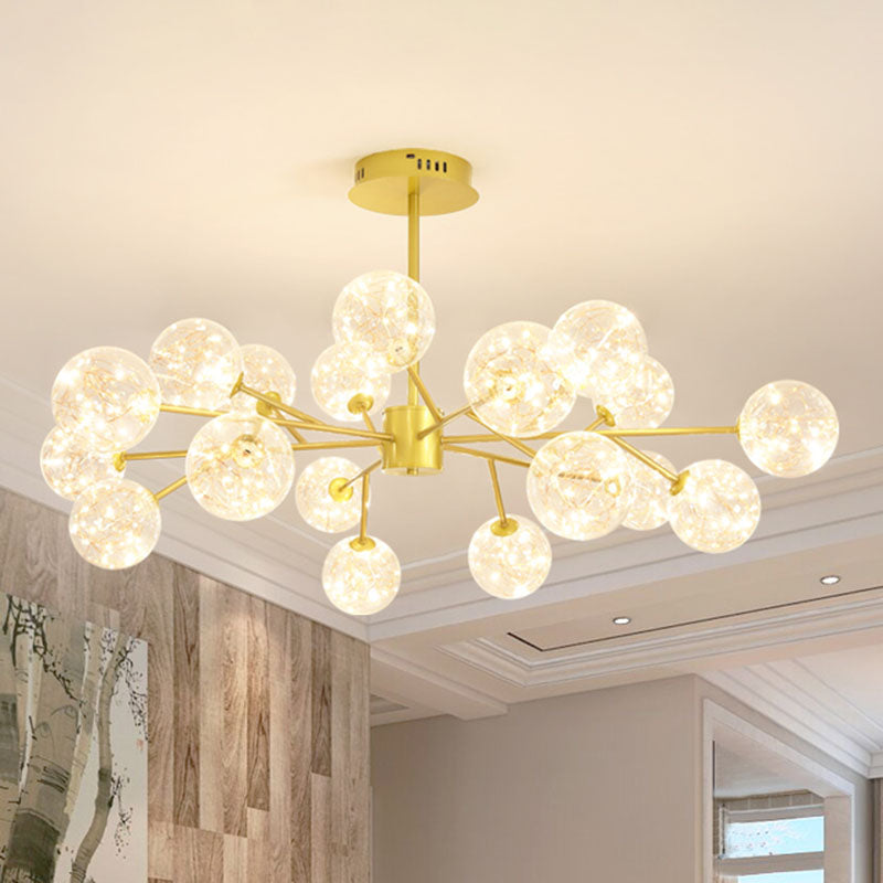 Gold Spherical Ceiling Chandelier - Modern Style With Clear Glass & Led Starry Pendant Light Kit 18