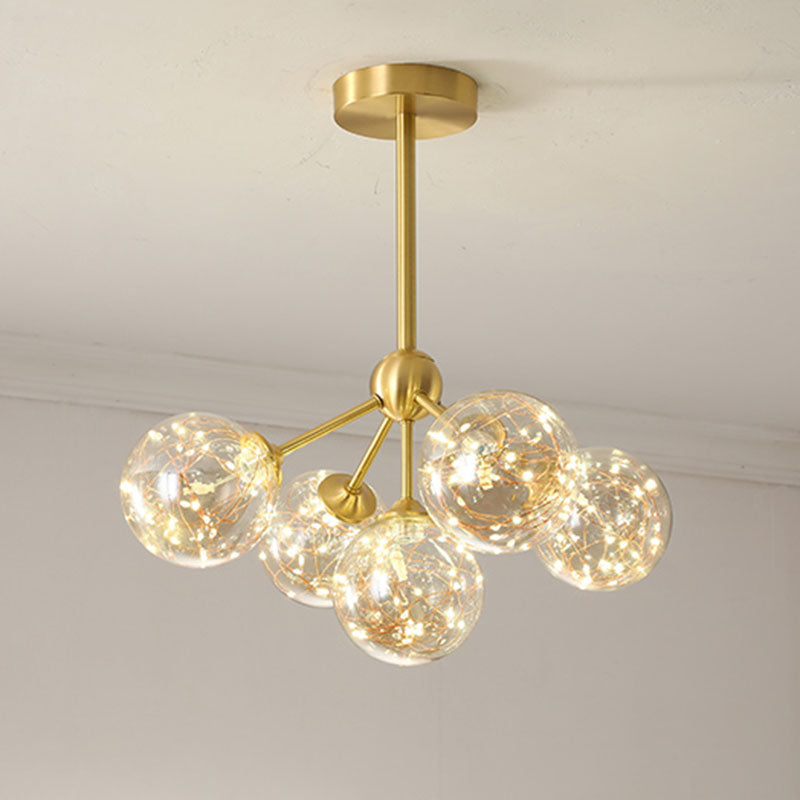 LED Starry Pendant Chandelier: Simple Brass Sphere Design with Glass Shade