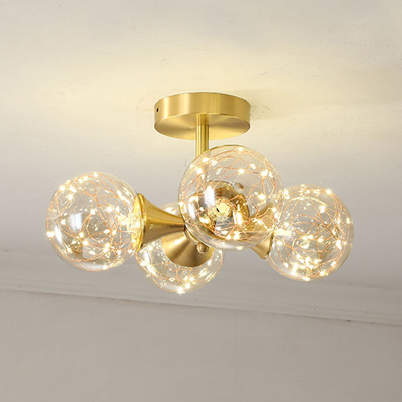 LED Starry Pendant Chandelier: Simple Brass Sphere Design with Glass Shade