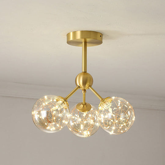 LED Starry Pendant Chandelier: Simple Brass Sphere Design with Glass Shade