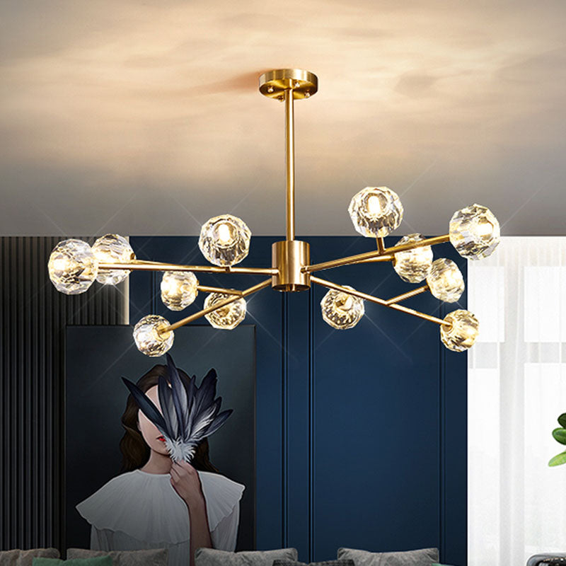 Minimalist Metal LED Chandelier in Gold with Starburst Pendulum Design and Bubble Shade