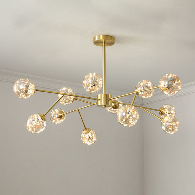 Minimalist Metal LED Chandelier in Gold with Starburst Pendulum Design and Bubble Shade