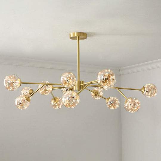 Minimalist Metal LED Chandelier in Gold with Starburst Pendulum Design and Bubble Shade