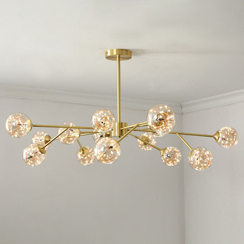 Minimalist Metal Led Chandelier Lamp With Bubble Shade In Gold - Starburst Pendulum Light For Living