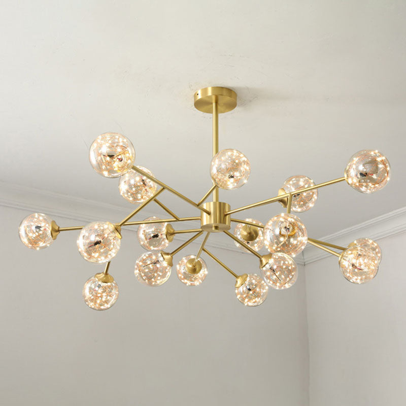 Minimalist Metal LED Chandelier in Gold with Starburst Pendulum Design and Bubble Shade