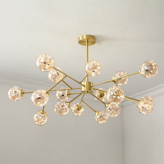 Minimalist Metal LED Chandelier in Gold with Starburst Pendulum Design and Bubble Shade