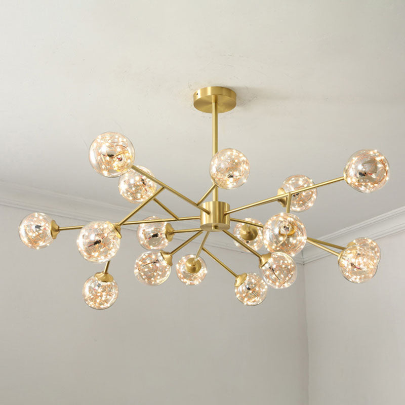 Minimalist Metal Led Chandelier Lamp With Bubble Shade In Gold - Starburst Pendulum Light For Living