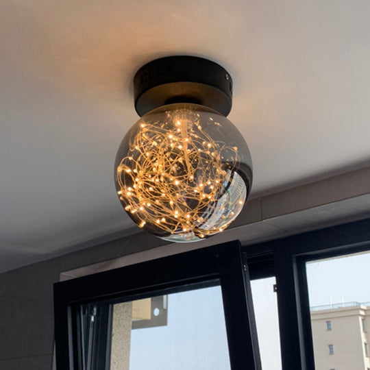 Modern Smoke Grey Glass Led Ceiling Light With Inner Glowing String - Orb Flush Mount Black / 6