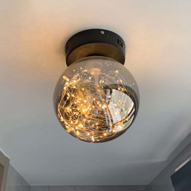 Modern Smoke Grey Glass Led Ceiling Light With Inner Glowing String - Orb Flush Mount