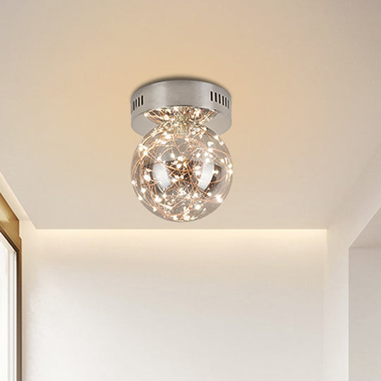 Modern Smoke Grey Glass Led Ceiling Light With Inner Glowing String - Orb Flush Mount