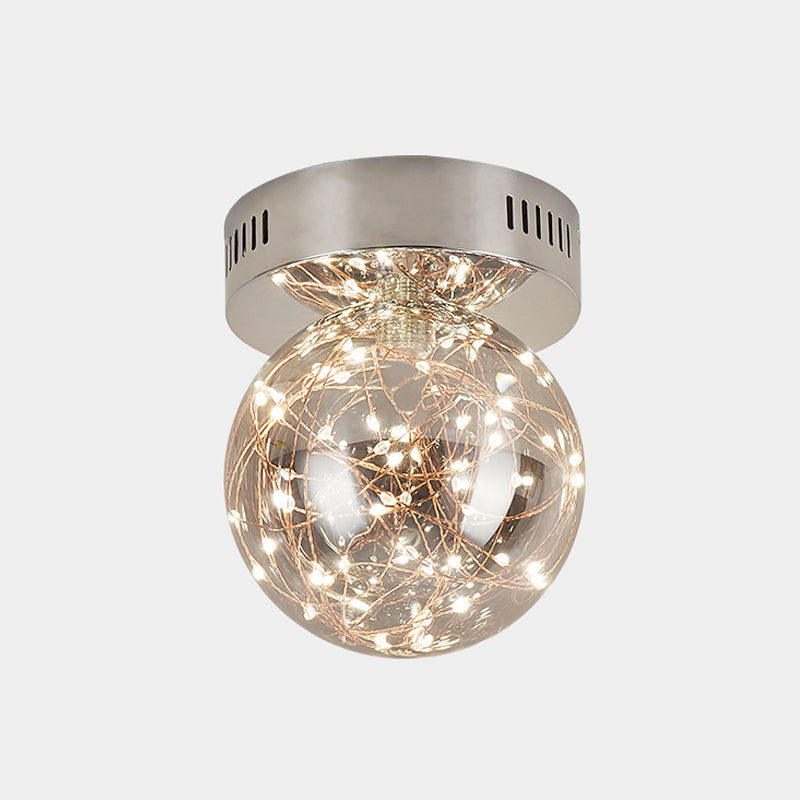 Modern Orb Smoke Grey Glass LED Flush Mount Ceiling Light with Inner Glowing String