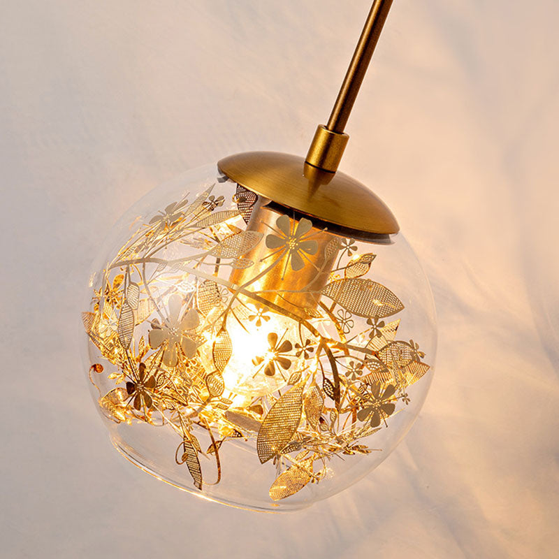 Contemporary 1-Light Clear Glass Bubble Wall Lamp With Foil Flower Decor