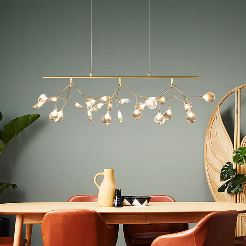 Smoke Grey Glass Firefly Hanging Lamp Kit: Simplicity 27-Light Island Dining Room Fixture Gold