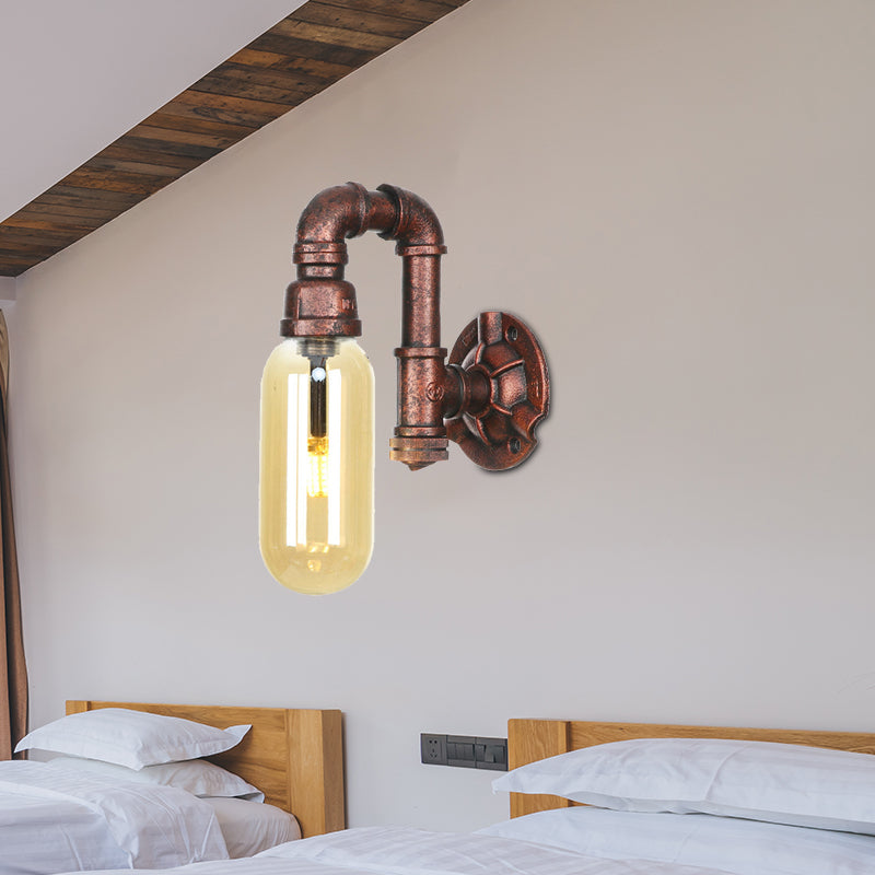 Industrial Amber Glass Wall Sconce With Copper Oval Shade - Bedroom Light Fixture 9.5/10/12 H