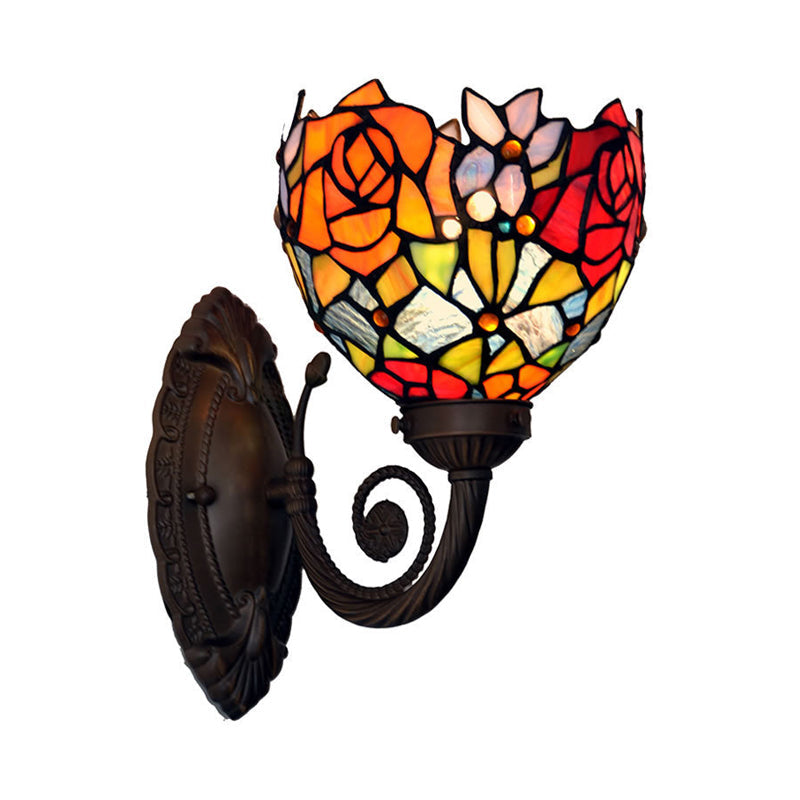 Mediterranean Hand Cut Glass 1-Light Bowl Wall Sconce With Black Flower Pattern - Mounted Lamp
