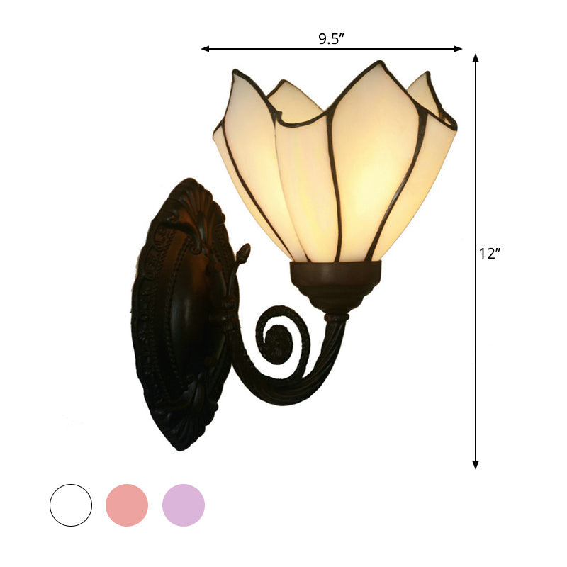 Black Hand Cut Glass Floral Wall Lighting: Mediterranean Style 1-Bulb Mounted Lamp