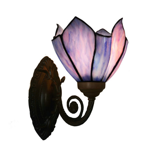 Black Hand Cut Glass Floral Wall Lighting: Mediterranean Style 1-Bulb Mounted Lamp Purple / Up