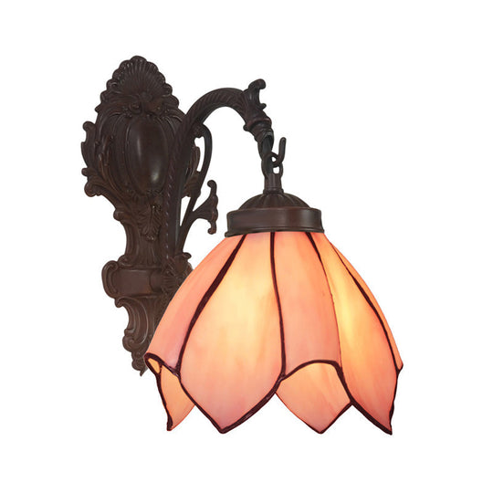 Black Hand Cut Glass Floral Wall Lighting: Mediterranean Style 1-Bulb Mounted Lamp Pink / Down