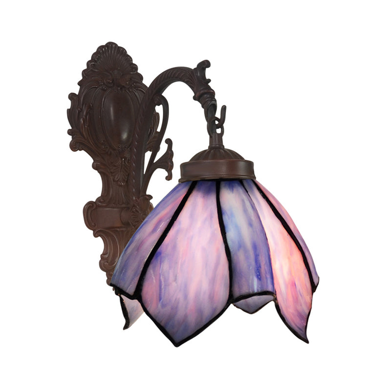 Black Hand Cut Glass Floral Wall Lighting: Mediterranean Style 1-Bulb Mounted Lamp Purple / Down