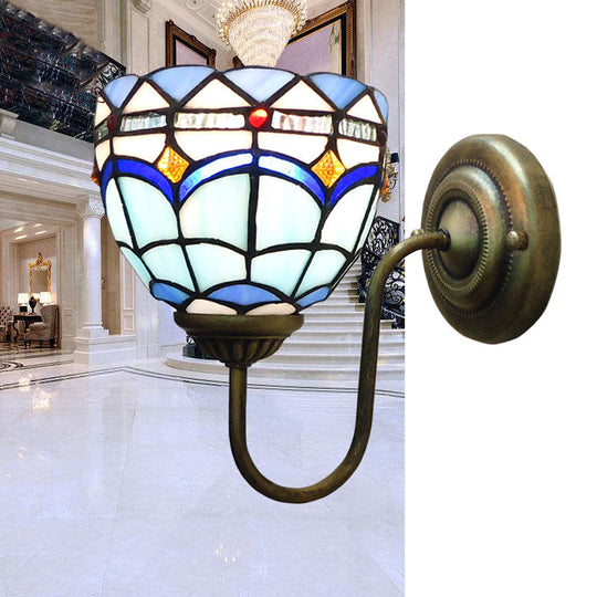 Baroque Blue Dome Wall Light Fixture: Stained Glass 1-Head Lighting With Curved Arm