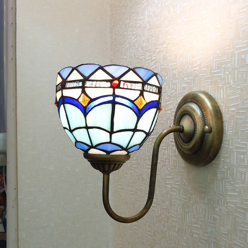 Baroque Blue Dome Wall Light Fixture: Stained Glass 1-Head Lighting With Curved Arm Brass / 6