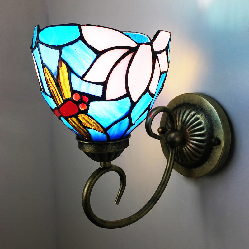 Victorian Dragonfly Stained Glass Wall Sconce With Brass Fixture / A