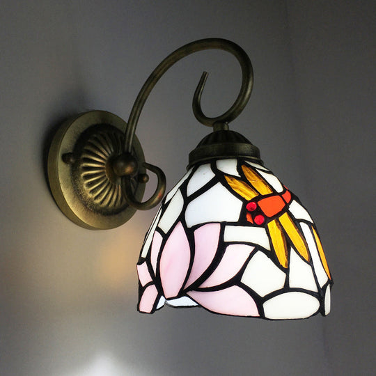 Victorian Dragonfly Stained Glass Wall Sconce With Brass Fixture / C