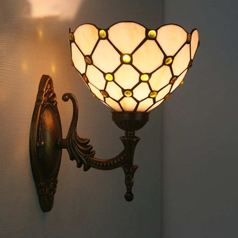 Mediterranean Brass Wall Sconce Elegant Geometry Cut Glass Shade For Corridor Lighting Black / A
