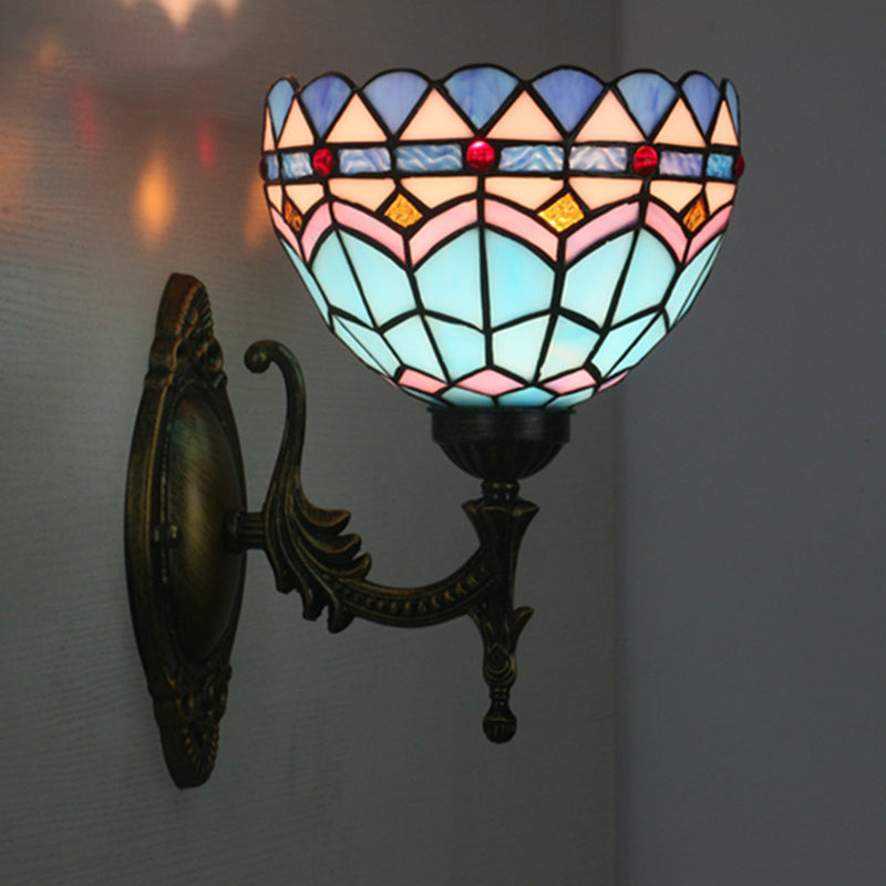 Mediterranean Brass Wall Sconce Elegant Geometry Cut Glass Shade For Corridor Lighting Black / D