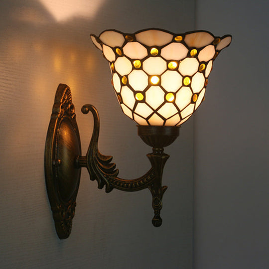 Mediterranean Brass Wall Sconce Elegant Geometry Cut Glass Shade For Corridor Lighting Black / C