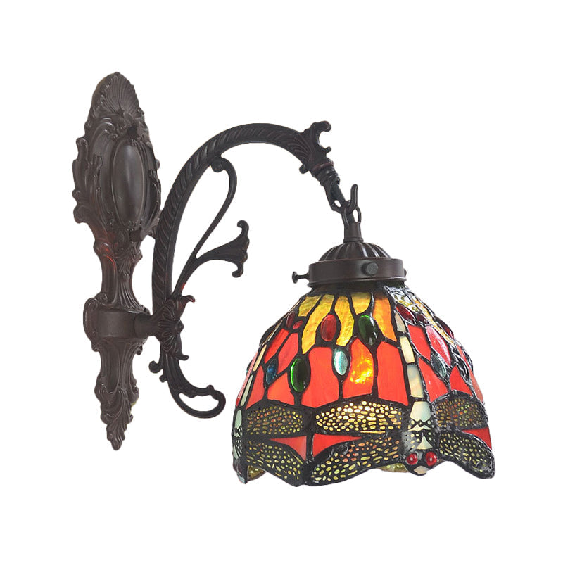 Victorian Dome Sconce With Dragonfly Pattern Red Cut Glass Light Fixture Wall Mount Lamp