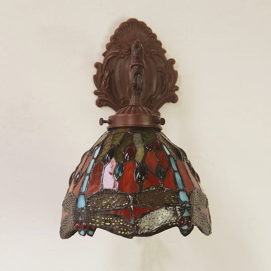 Victorian Dome Sconce With Dragonfly Pattern Red Cut Glass Light Fixture Wall Mount Lamp