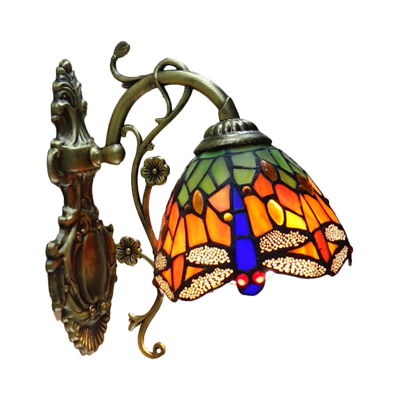Tiffany Style Glass Dragonfly Wall Sconce With Carved Backplate - 1 Light Fixture Orange