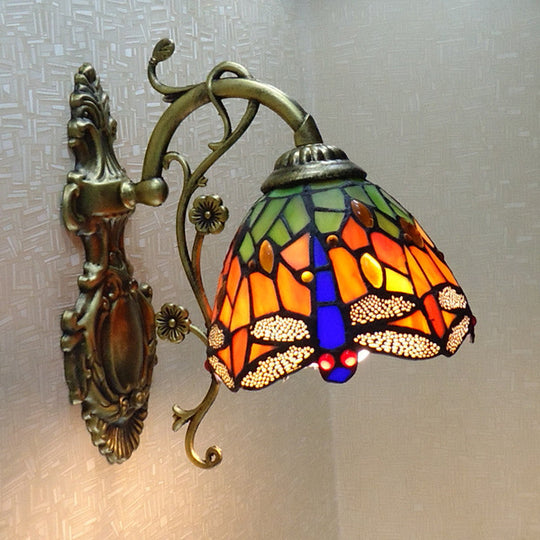 Tiffany Style Glass Dragonfly Wall Sconce With Carved Backplate - 1 Light Fixture