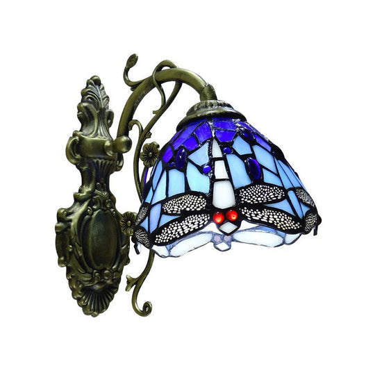 Tiffany Style Glass Dragonfly Wall Sconce With Carved Backplate - 1 Light Fixture Blue