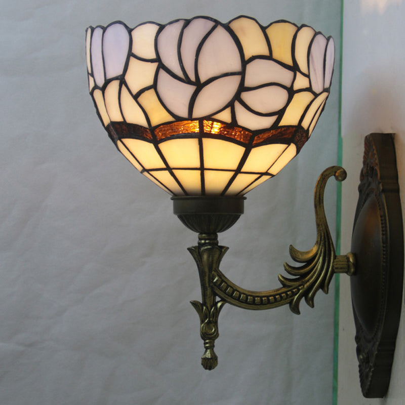 Baroque Blue Domed Wall Light Sconce: 1-Light Stained Glass Floral Pattern For Elegant Lighting