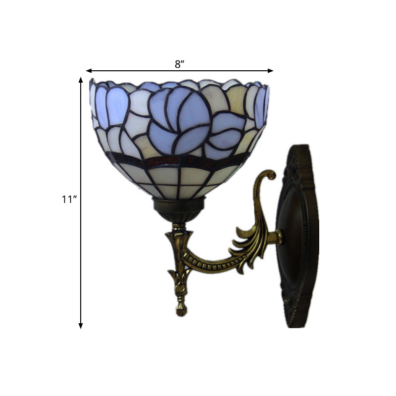 Baroque Blue Domed Wall Light Sconce: 1-Light Stained Glass Floral Pattern For Elegant Lighting