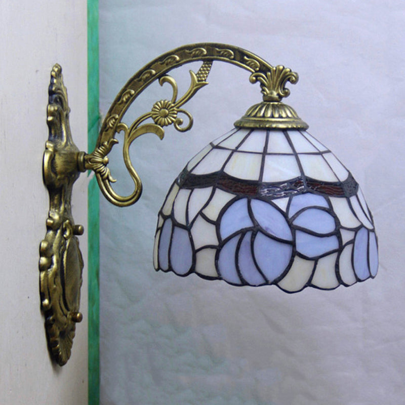 Tiffany Style Blue Stained Glass Wall Sconce With Arched Arm And Bowl Light