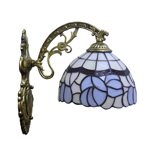 Tiffany Style Blue Stained Glass Wall Sconce With Arched Arm And Bowl Light