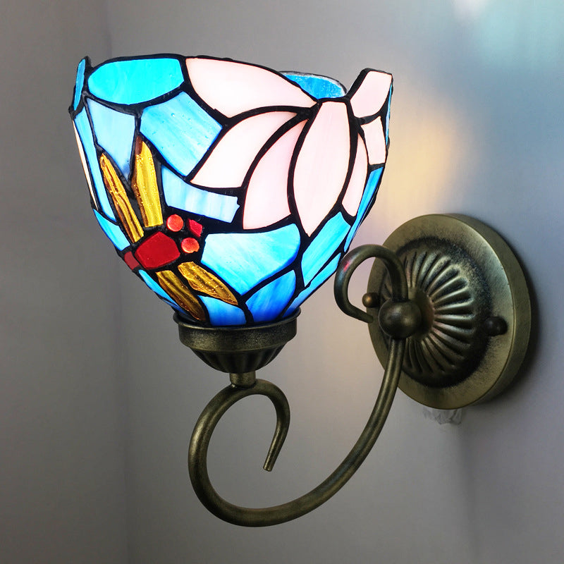 Stunning Metal Brass Tiffany Wall Sconce - Swirled Arm Design With 1-Light & Geometry Cut Glass