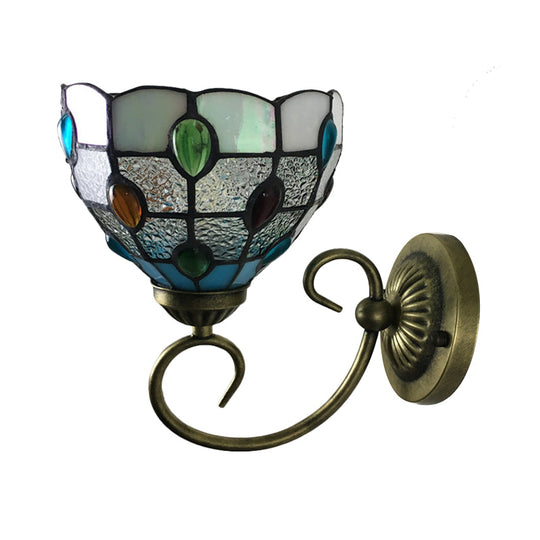 Stunning Metal Brass Tiffany Wall Sconce - Swirled Arm Design With 1-Light & Geometry Cut Glass