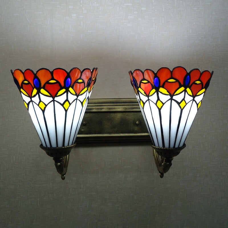 Red Stained Glass Tiffany Conical Wall Sconce With Curving Arm - Elegant Lighting 2 /
