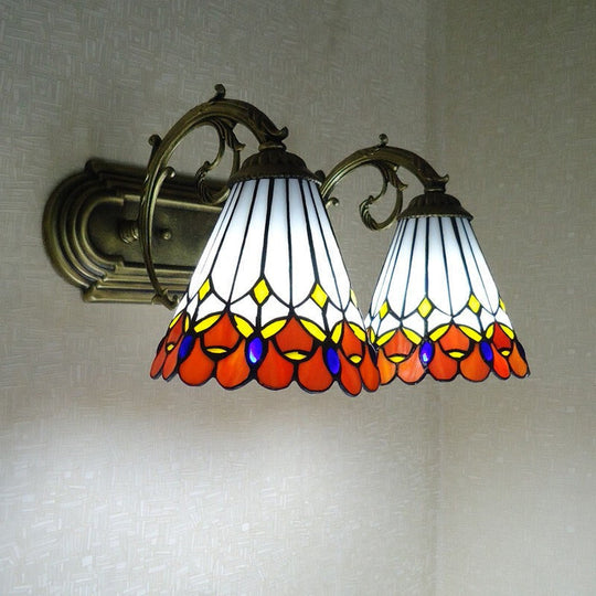Red Stained Glass Tiffany Conical Wall Sconce With Curving Arm - Elegant Lighting