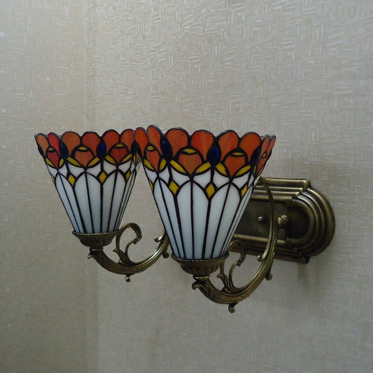 Red Stained Glass Tiffany Conical Wall Sconce With Curving Arm - Elegant Lighting