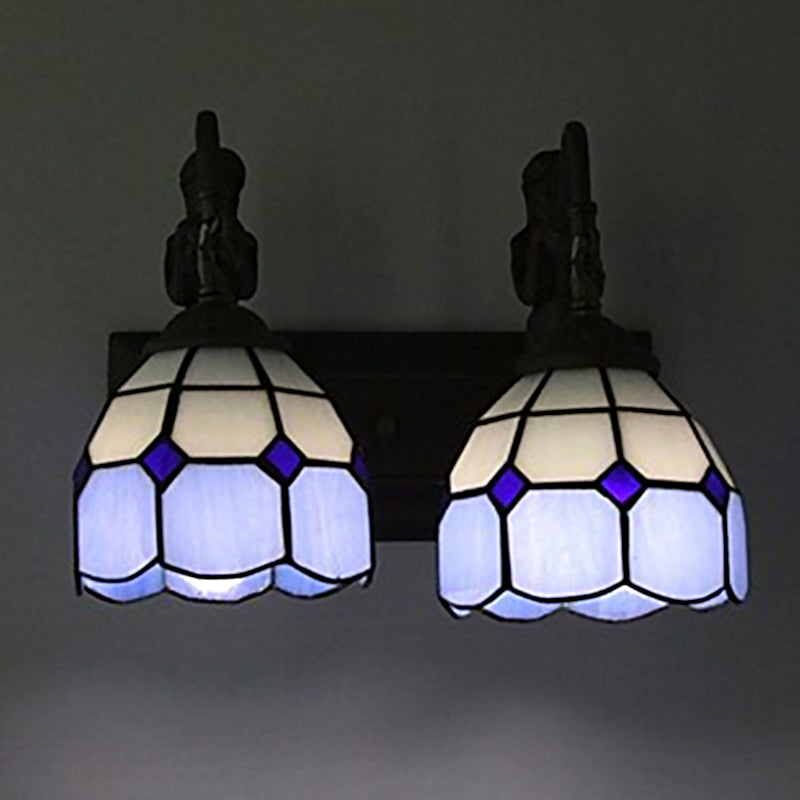 Blue Baroque Stained Glass Wall Sconce With Lattice Dome And 2 Lights